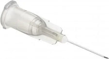 Sterile hypodermic needle with clear plastic hub for medical use, home care, or IV solutions
