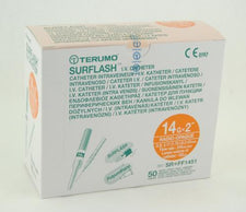 Terumo SurFlash IV catheter 14G medical supply box, 50 count, displayed on white surface