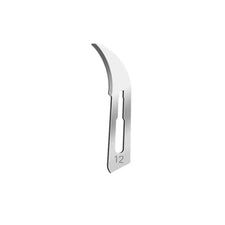 Curved sterile surgical blade number 12 for medical or esthetic procedures on white background.