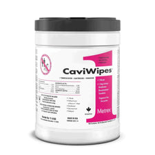 CaviWipes disinfectant wipes container with black lid, medical cleaning supplies label visible