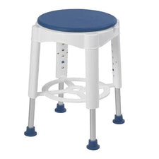 Adjustable medical shower stool with blue seat for home care and bathroom safety