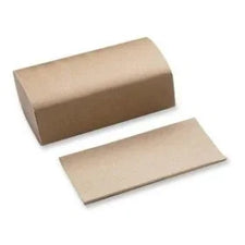 Brown folded paper hand towels, single and stacked, on white background