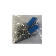 Two blue-handled alligator clips with metal chains in a clear plastic bag, medical accessory