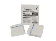 Sterile gauze sponges with blue stitched edges in front of medical supply packaging