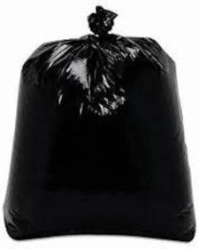 Large black garbage bag tied at the top, suitable for heavy-duty waste disposal