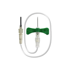 Butterfly IV infusion set with green wings and clear tubing for medical use on white background