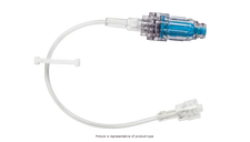 Clear IV extension set with blue needleless connector for medical infusion therapy