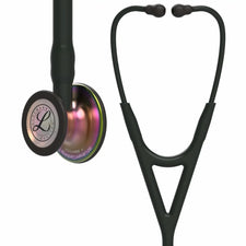 Black dual-head stethoscope with iridescent chestpiece for medical and home care use