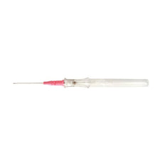 Sterile IV catheter with pink hub and needle, medical supply on white background