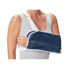 Adult wearing navy blue arm sling for injury support, medical orthopedic supply