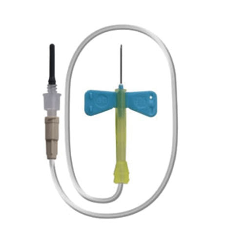 Butterfly infusion set with blue wings and tubing for home and hospital medical use