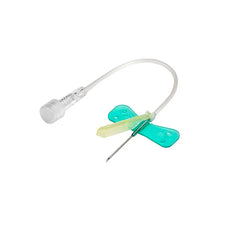Butterfly wing infusion set with green wings and flexible tubing for IV medical use