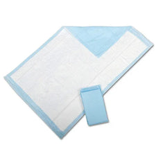 Disposable blue and white underpad for medical and home care use on a white background.