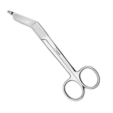 Stainless steel medical bandage scissors with angled blunt tip against white background