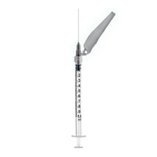 1ml safety syringe with needle and protective cap on white background, medical supply