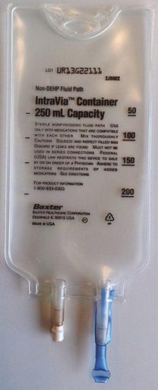 Empty 250ml IV fluid container with dual ports, clear markings, and medical labeling visible.