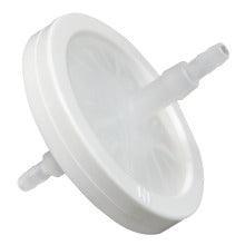 Round white medical in-line filter with two hose connectors on a plain background