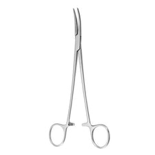 Stainless steel curved medical forceps with finger rings and serrated tips on white background