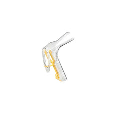 Clear plastic vaginal speculum with yellow handle for medical examinations