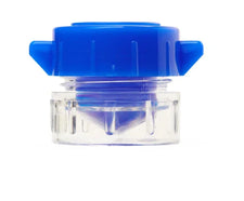Blue medical filter cap for IV solution, close-up on white background