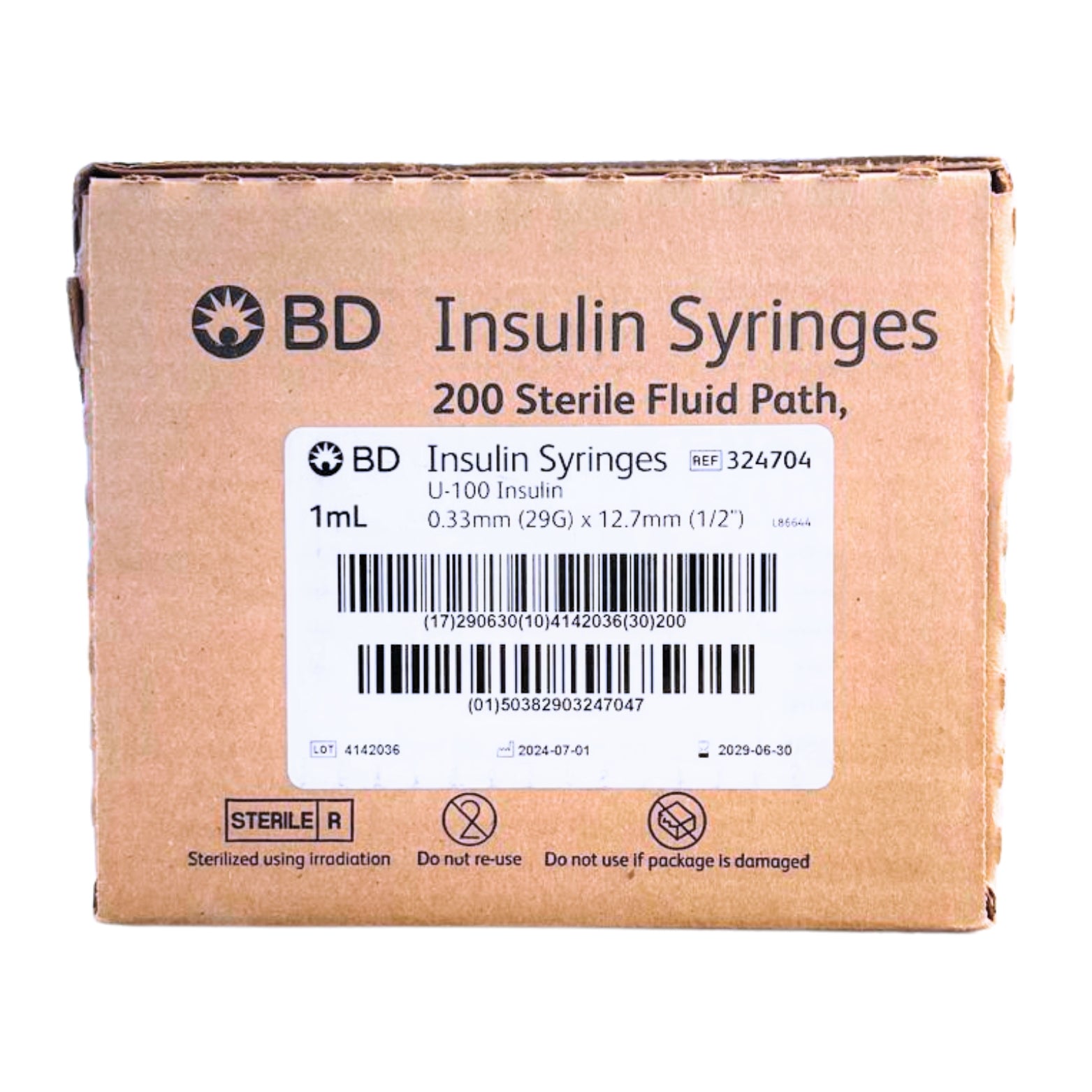 Sterile BD324704 Insulin Syringe, 1mL capacity, 29-gauge needle, perfect for diabetes care.