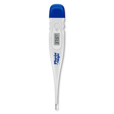 Digital medical thermometer with blue cap displaying 37.5°C on LCD screen