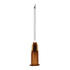 Sterile medical hypodermic needle with brown hub on white background