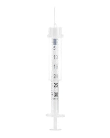 Medical syringe with clear barrel and graduated markings isolated on white background