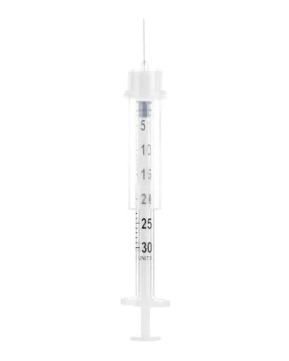 Sterile disposable insulin syringe with needle, clear plastic barrel, marked in units