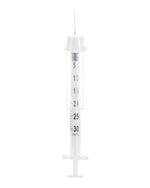 Sterile disposable insulin syringe with needle, clear plastic barrel, marked in units