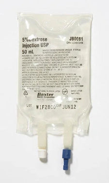 5% dextrose injection IV solution 50 mL medical bag with labels and connectors
