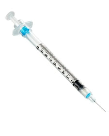 Disposable medical syringe with needle, clear barrel and measurement markings on white background