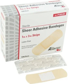 Box of sterile sheer adhesive bandages 1x3 inch, latex-free, with bandage strips displayed