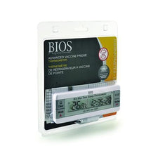 Digital vaccine refrigerator thermometer with alarm in retail packaging, BIOS model displayed.