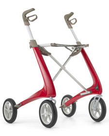 Red ultra-lightweight rollator walker with four wheels and ergonomic handles