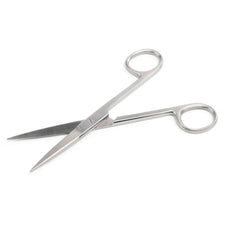 Stainless steel medical scissors with sharp blades on a white background