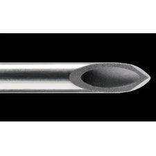 Close-up of a stainless steel medical needle tip on black background