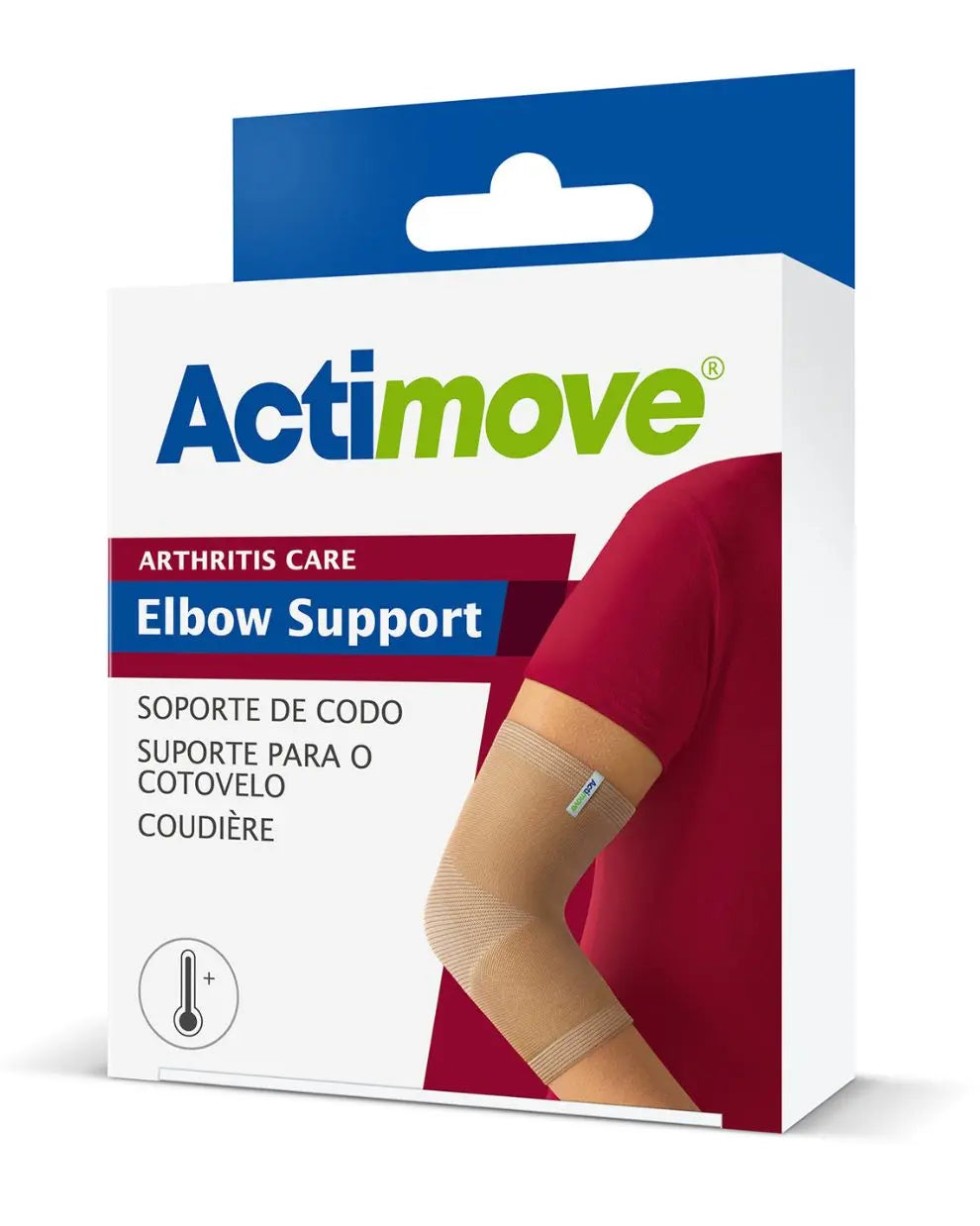 Actimove arthritis care elbow support packaging showing beige elbow brace on arm