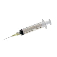 Disposable medical syringe with needle, clear barrel, labeled single use only