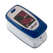 Blue and white fingertip pulse oximeter with LED display showing SpO2 and pulse rate readings