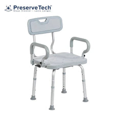 Adjustable medical shower chair with arms and backrest, non-slip legs, white and gray.