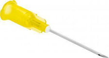 Yellow medical needle with protective cap for injection or IV therapy