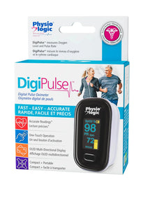 Digital pulse oximeter in retail packaging, displays oxygen level and pulse rate, compact and portable.