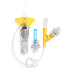 IV catheter medical device with safety needle and tubing on white background