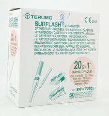 Terumo Surflash IV catheter 20 gauge box with product illustration and specifications