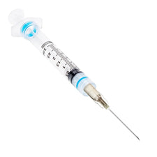 Sterile medical syringe with clear barrel and measurement markings on white background