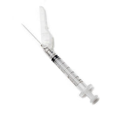 Sterile medical syringe with clear safety needle cap for injection or healthcare use