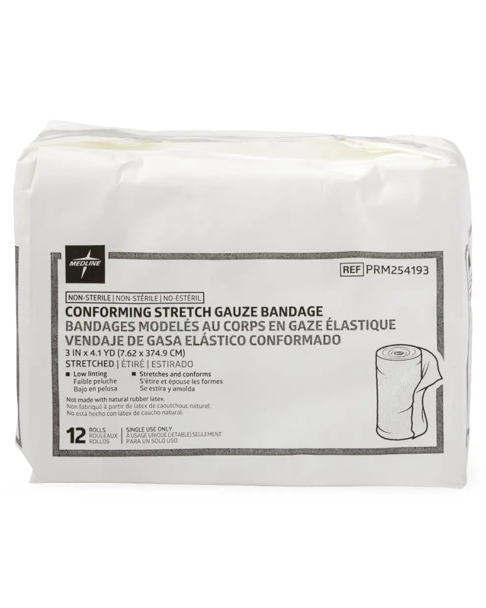 Package of conforming stretch gauze bandage, 3 inch x 4.1 yard, 12 rolls, medical supply