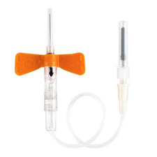 Butterfly winged infusion set with orange wings and transparent tubing for medical use
