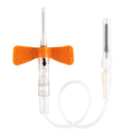 Butterfly wing blood collection set with orange wings and safety needle, medical supply